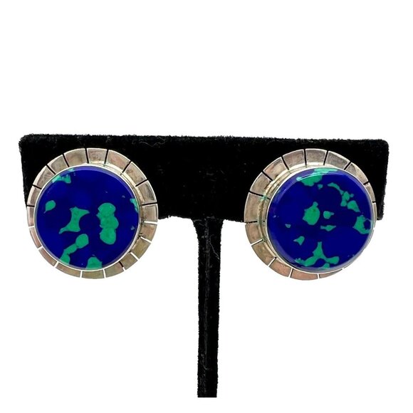 Vintage Azurite Malachite Clip-on Earrings Sterling Silver Southwest Mexico 925 - Picture 2 of 8